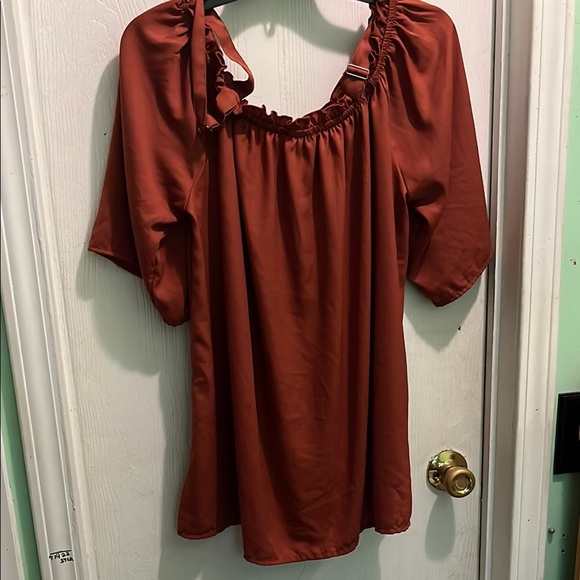 Brown Ruched Neckline Blouse with Relaxed Fit - Picture 3 of 8